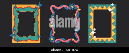 Groovige bunte Borten mit welligen Linien, Sternen, Blumen. Psychedelische Retro-Frames im Hippie-Stil der 1960er Jahre. Funkige Dekorationselemente für Poster, Einladungen, Karten. Rechteckige gemusterte Ornamente. Stock Vektor