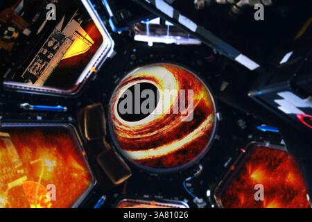 Raumschiff-Innenraum mit Blick auf den Raum und schwarzes Loch davor. Raumfahrt Interstellares Reisekonzept. Elemente dieser 3D-gerenderten Abbildung WE Stockfoto