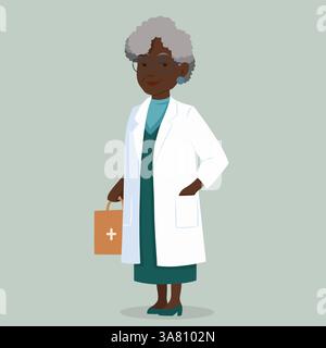 Vektorflaches Illustration einer alten afrikanischen Ärztin. Schwarze Apothekerin. Forscher im Labor. Abbildung für Artikel Stock Vektor
