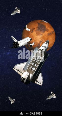 Mehrere Space Shuttles umkreisen den Mars mit einem sternenklaren Weltraum-Hintergrund. Vertikale 3D-gerenderte Abbildung. Elemente dieses Bildes wurden von der NASA bereitgestellt Stockfoto
