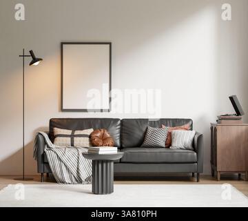 Poster-Motiv in einem modernen Wohnzimmerinneren. 3D-Rendering, 3D-Illustration. Stockfoto
