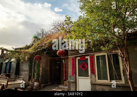 Chinesischer Eingang mit Steinsäulen und Holztür Stockfoto