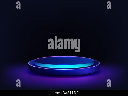 Rundes 3D-Podium in leuchtenden Neonfarben auf dunklem Hintergrund, Technologie-Mockups, Produktdisplays und futuristischen Showcases. Moderne Präsentaten Stock Vektor