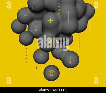 Abstrakter Hintergrund mit fließender flüssiger Form. Flüssiges amorphes 3D-Grafikelement. Komposition im Dotwork-Stil. Vektorillustration für Banner, Flyer Stock Vektor