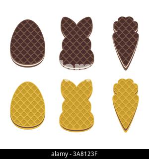 Osterkekse in Form von Ei, Häschen und Karotten. Waffeln gefüllt mit Creme, Kakao. Süßwaren, Snack, knuspriges Dessert für Ostern Stock Vektor
