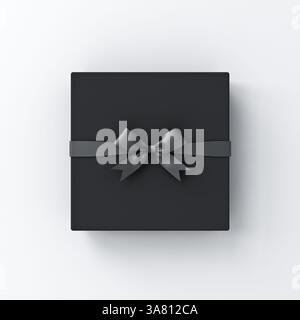 Draufsicht der schwarzen Geschenkschachtel oder Geschenkschachtel mit schwarzer Schleife isoliert auf weißem Hintergrund mit minimalen Schattenkonzepten für die schwarze freitag-3D-darstellung Stockfoto