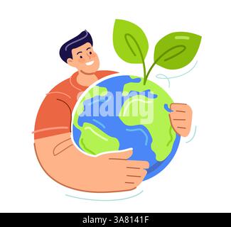 Green World-Konzept. Umwelt schonen, sauberen Planeten und Ökologie schützen. Mensch und Planet Erde mit Blättern Stock Vektor