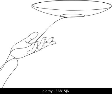 Durchgehende einzeilige Zeichnung der Handhalteplatte. Lebensmittelbetrieb, Konzept der Lebensmittellieferung. Abbildung eines einzeiligen Vektors Stock Vektor