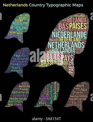 Niederlande. Satz typografischer Länderabbildungen. Niederlande Kartenform Aufbau von horizontalen und vertikalen Ländernamen. Vektorabbildung. Stock Vektor
