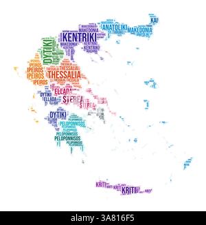 Word Cloud für die Region Griechenland. Ländliches Design. Griechische farbige Abbildung. Bereichsnamen Collage Cloud. Vektorabbildung. Stock Vektor
