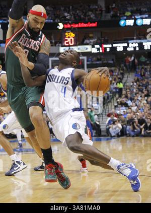 26. Februar 2013 - Dallas, Texas, USA - Dallas Mavericks Point Guard DARREN COLLISON (4) fährt im zweiten Quartal im American Airlines Center um einen Korb gegen Milwaukee Bucks Power Forward. Die Bucks besiegten die Mavericks, 95–90. (Bild: © Rodger Mallison/MCT/ZUMAPRESS.com) Stockfoto