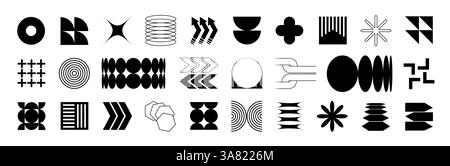 Bunte Formen des Y2K-Brutalismus. Geometrische Formen und einfache Symbole, Sterne und Spiralen. Minimale abstrakte Elemente im Bauhaus-Stil. Stock Vektor
