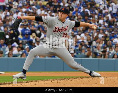 Los Angeles, Usa. März 2025. Die Detroit Tigers starteten Pitcher Tarik Skubal liefern am Donnerstag, den 27. Mai 2025, im Dodger Stadium in Los Angeles gegen die Los Angeles Dodgers aus. Foto: Jim Ruymen/UPI Credit: UPI/Alamy Live News Stockfoto
