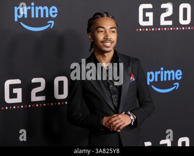 Los Angeles, Usa. März 2025. Miles Brown nimmt am Donnerstag, 27. März 2025, an der Premiere der Amazon MGM Studios „G20“ im TCL Chinese Theatre in der Hollywood-Sektion von Los Angeles Teil. Geschichte: Terroristen übernehmen den G20-Gipfel mit Präsident Sutton und bringen ihre Regierungs- und militärische Erfahrung ein, um ihre Familie, ihr Unternehmen und die Welt zu verteidigen. Foto: Greg Grudt/UPI Credit: UPI/Alamy Live News Stockfoto