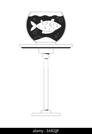 Tote Fische, die in einer runden Fischschale auf dem Tischstativ schweben, 2D-Linienobjekt Stock Vektor