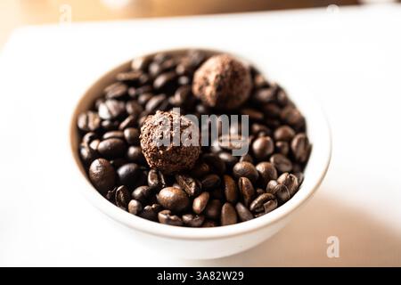 Kakao- und Kaffeetrüffel mit einer glatten, reichhaltigen Textur und intensivem Geschmack. Eine Gourmet-Schokoladenspezialität für Kaffee- und Dessertliebhaber Stockfoto
