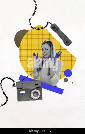 Trend Artwork Vorlage Design 3D Collage Skizze der verwirrten grimmigen Gesicht junge Dame Festnetztelefon Job Unternehmer Beruf Beschäftigung Stockfoto