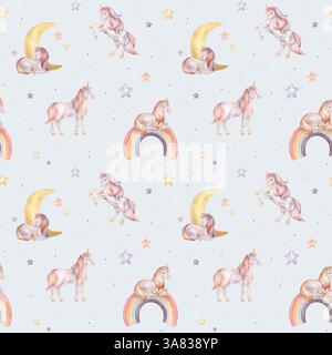 Nahtloses Aquarellmuster mit Einhorn und mehrfarbigen Sternen. Handgezeichnete Illustrationen des Hintergrunds für Kindertagetapeten, Babytextilien oder Stockfoto