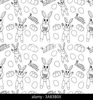 Nahtloses Schwarz-weiß-Muster mit niedlichen Osterhasen-Zeichen, dekorierten Ostereiern und - Happy Easter - Text. Perfekt zum Ausmalen von Kindern. Stock Vektor