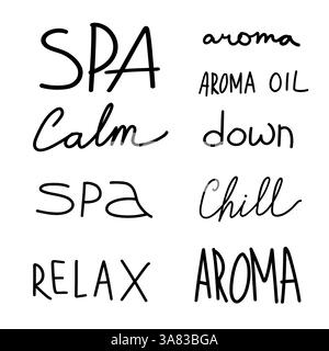 Handgeschriebene Worte für Wellness-Projekte, ganzheitliche Visualisierungen, Kerzenbranding oder meditative Druckmaterialien Stock Vektor