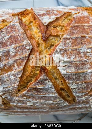 Gestochenes Kreuz auf der goldenen, krustigen Oberfläche eines frisch gebackenen Sauerteiglaibs, mit mehligen Markierungen aus dem Bannett-Prüfkorb. Stockfoto