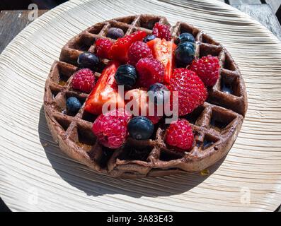 Runde Schokoladenwaffel mit Honig, serviert mit frischen Erdbeeren, Himbeeren und Heidelbeeren auf einem kompostierbaren Palmblattteller. Stockfoto