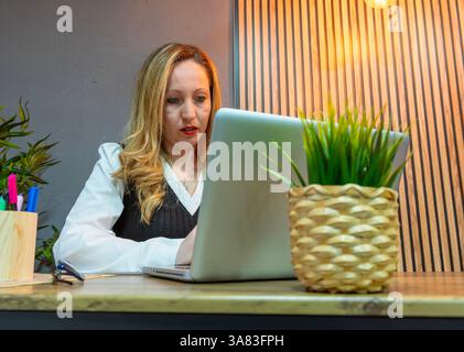 Geschäftsfrau, die im modernen Büro an einem Laptop arbeitet Stockfoto