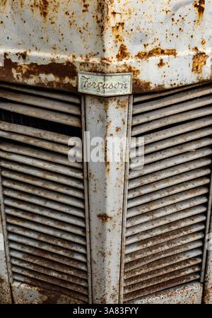 Der alte Ferguson-Traktor hatte einen rostigen Kühlergrill mit verwitterten Metallstangen Stockfoto