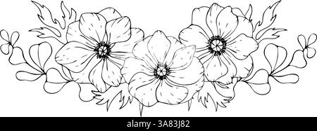 Vektor schwarz-weiß florale Komposition, Bouquet von Hand gezeichneten Anemonen Blumen, Blätter und Eukalyptus. Stock Vektor