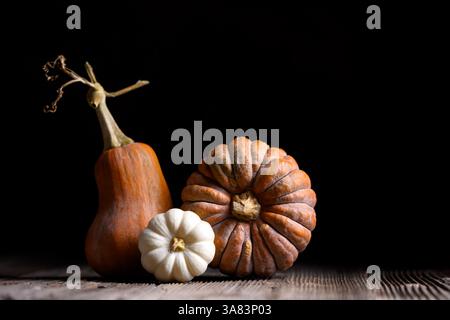Herbstkomposition mit drei verschiedenen Kürbissen auf Holztisch auf dunklem Hintergrund. Lebensmittelfotografie Stockfoto
