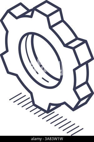 Das Symbol zeigt ein dreidimensionales isometrisches Zahnrad, das in einer klaren Linie dargestellt ist. Er betont die Einfachheit und eignet sich für verschiedene Designs und tec Stock Vektor