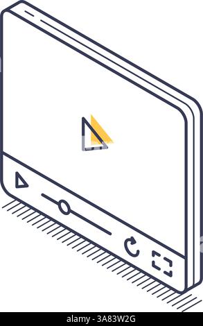 Die isometrische Liniendarstellung zeigt eine Multimedia-Player-Oberfläche mit wichtigen Elementen wie Wiedergabe, Pause und Lautstärkeregler. Das d Stock Vektor