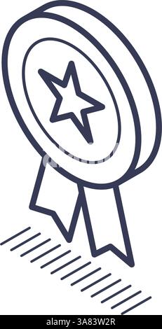 Das Symbol der isometrischen Linie zeigt eine Medaille mit einem Stern in der Mitte und von unten fließenden Bändern. Es repräsentiert Erfolge und Auszeichnungen, macht es zu Stock Vektor