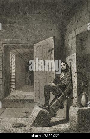 Französische Revolution (1789-1799). Gefangener in der Bastille. Aus dem Leben, das am 14. Juli 1789 aufgenommen wurde, dem Tag, an dem es von den Menschen in Paris gestürmt wurde. Gravur. Historia de las persecuciones Políticas y religiosas en Europa (Geschichte der politischen und religiösen Verfolgungen in Europa). Band IV. Veröffentlicht in Barcelona, 1865. Stockfoto