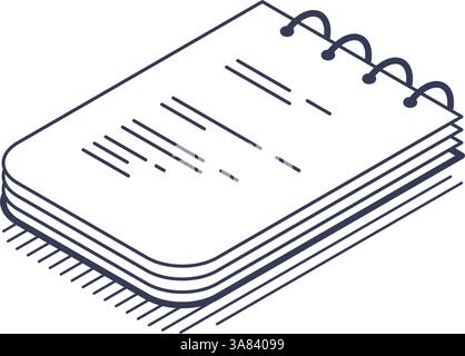 Isometrisches Liniensymbol eines Notizblocks mit schlankem Design mit Konturen und dezenten Details. Ideal für Infografiken und moderne digitale Plattformen Stock Vektor