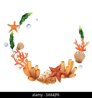 Seesterne, Korallen, Algen, Muscheln und Blasen. Handgezeichnete Aquarellillustration zum Thema Meer und Unterwasserwelt. Runder Kranz, Rahmen, Vorlage für Stockfoto