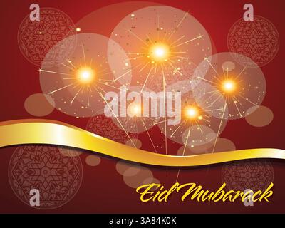 Roter Hintergrund mit goldenem Band und Feuerwerk. Das Feuerwerk befindet sich in der Mitte des Bildes und ist von einem Kreis umgeben. Ramadan Kareem betet E Stock Vektor