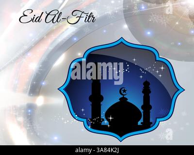 Blau-weißes Poster mit einer Silhouette einer Moschee und dem Wort Eid al-Fitr in weiß. Ramadan Kareem betet Eid al-Fitr HariRaya Aidilfitri Stock Vektor