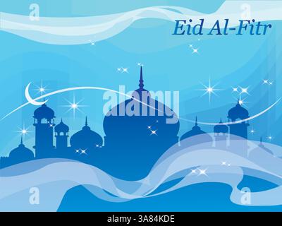 Blauer Himmel mit einer Stadtlandschaft im Hintergrund und den Worten Eid al-Fitr in weiß. Ramadan Kareem betet Eid al-Fitr HariRaya Aidilfitri reich Stock Vektor
