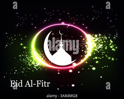 Farbenfrohes Bild eines Halbmondes mit einem Stern oben und einem Gebäude in der Mitte. Das Wort Eid al-Fitr steht unter dem Bild. Ramadan Kareem Pra Stock Vektor