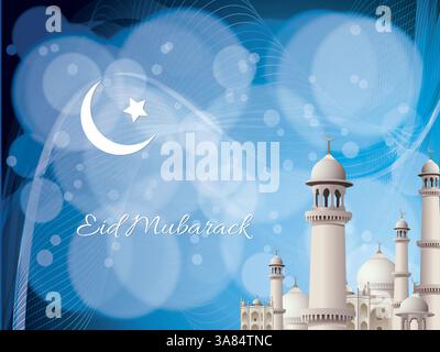 Blauer und weißer Hintergrund mit einem Stern und einem Halbmond. Das Wort Eid Mubarak steht in weiß. Ramadan Kareem betet Eid al-Fitr HariRaya Aidil Stock Vektor