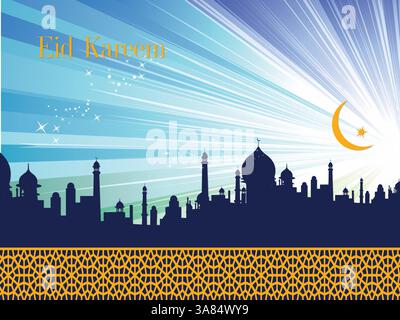 Wunderschöner blauer Himmel mit einer Skyline der Stadt im Hintergrund. Der Himmel ist voller Sterne und die Sonne scheint hell. Ramadan Kareem betet Eid al- Stock Vektor