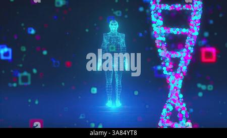 Digitaler menschlicher Körper mit DNA. Computergeneriertes 3D-Rendering Stockfoto