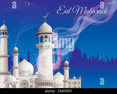 Blau-weißes Poster mit einem Gebäude im Hintergrund und dem Wort Eid Muharram in weiß geschrieben. Ramadan Kareem betet Eid al-Fitr HariRaya Aidilf Stock Vektor