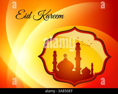 Farbenfroher Hintergrund mit einer Silhouette einer Moschee und einem Stern. Der Hintergrund ist orange und gelb. Das Wort Eid ist schwarz geschrieben. Ramadan Kareem Pr Stock Vektor