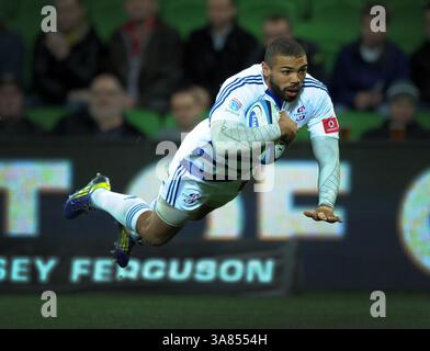 17. Mai 2013 - Melbourne, Victoria, Australien - Bryan Habana of the Stormers erzielt einen Versuch während des 14. Runde-Spiels zwischen den Melbourne Rebels und den Stormers während der Super XV Saison 2013 im AAMI Park, Melbourne, Australien. (Kreditbild: © Theo Karanikos/ZUMAPRESS.com) Stockfoto