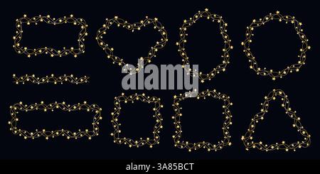 Goldener Stern und Rahmen. Runde, quadratische, ovale Herzformen aus Sterngirlanden. Festliche Grenzen für Postkarte, Einladung, Banner, Flyer Stock Vektor