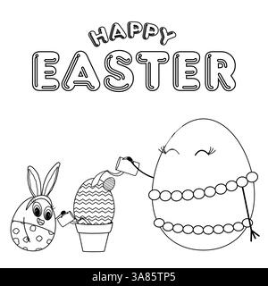 Lustige Ausmalseite mit einer bezaubernden glücklichen Familie von zwei anthropomorphen Ostereiern, die einen Topf Eierkaktus tränken, und - Happy Easter - Text. Stock Vektor
