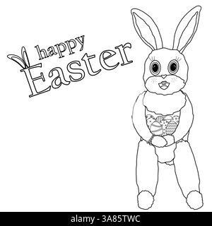Schwarz-weiße Malseite mit einem Lächeln Osterhase, der Ostereier und - Happy Easter - Text hält. Perfekt für Grußkarten. Stock Vektor