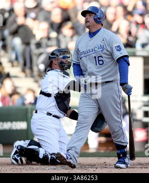 1. April 2013: Chicago, IL, USA – Billy Butler von Kansas City Royals schlägt am Montag, 1. April 2013, gegen die Chicago White Sox im US Cellular Field in Chicago, Illinois, mit geladenen Basen und einem aus. (Kreditbild: © Scott Strazzante/MCT/ZUMAPRESS.com) Stockfoto